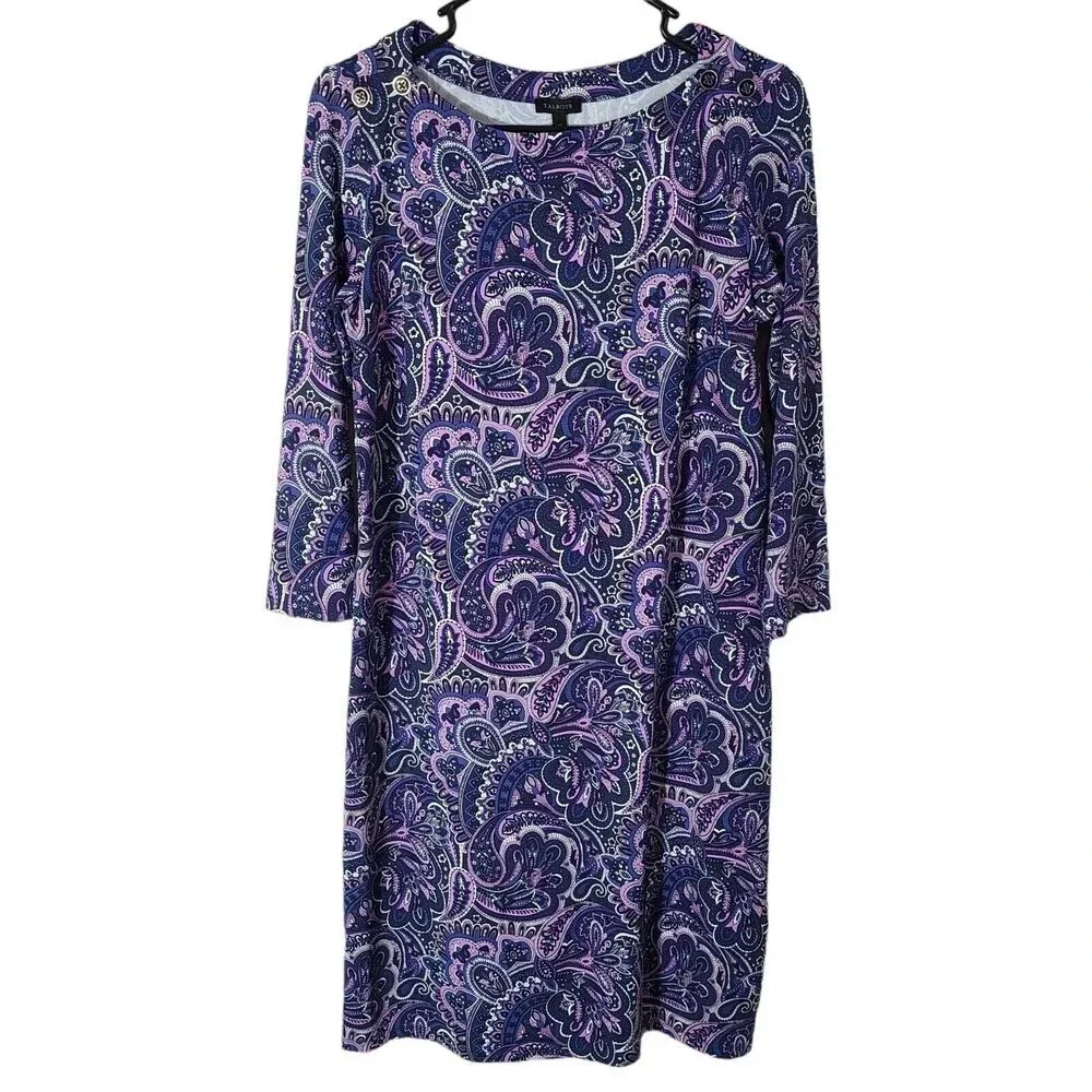 Talbots size Medium Jersey A line dress in polished paisley blue and purple boho